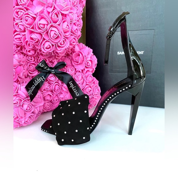 SAINT LAURENT FREJA BLACK SUEDE BOW CRYSTAL STRASS OPEN TOE SANDAL SHOES - Picture 4 of 9